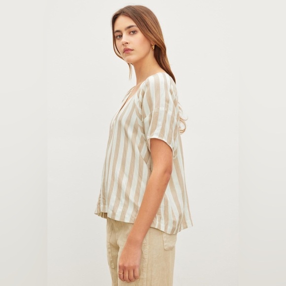 Velvet By Graham & Spencer Katy Striped V-Neck Linen Top - Picture 9 of 9